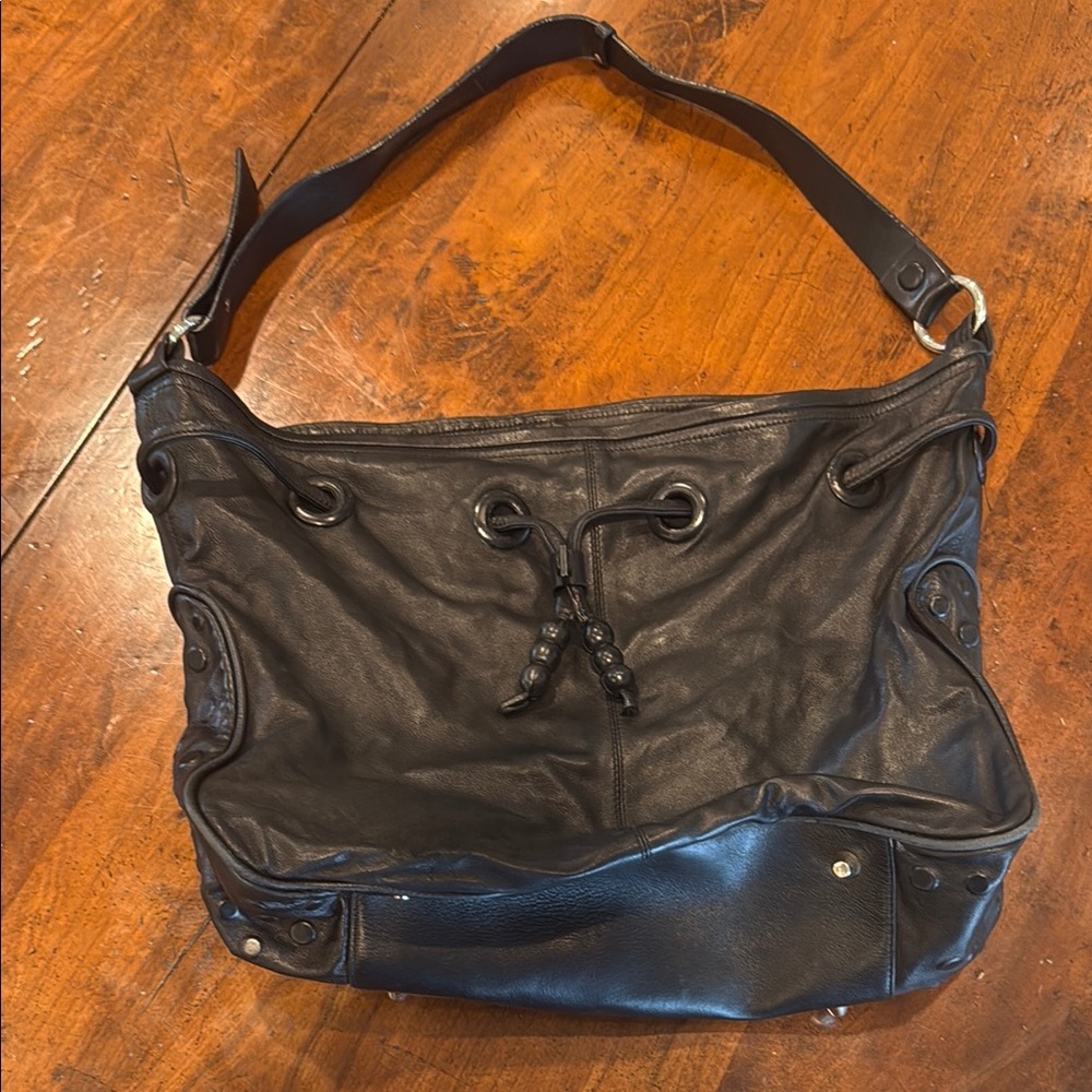 Armani Exchange Black Shoulder Bag with Soft Leather and Metallic Accents